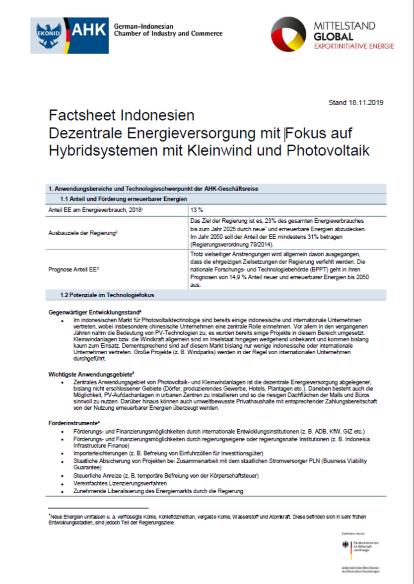 Factsheet Indonesien Dezentrale Energieversorgung mit Fokus auf Hybridsystemen mit Kleinwind und Photovoltaik