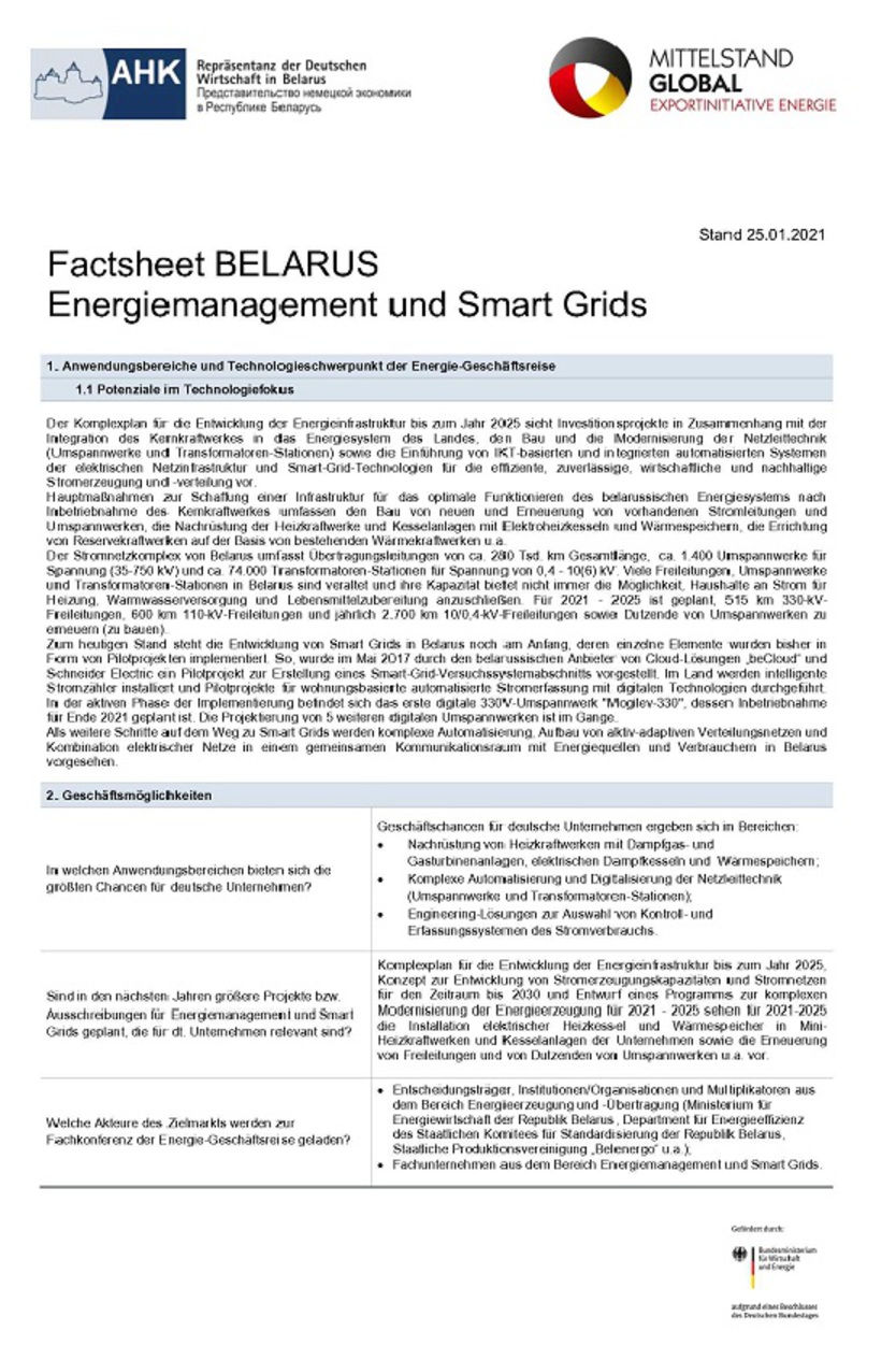 Technologie-Factsheet Belarus: Energiemanagement und Smart Grids