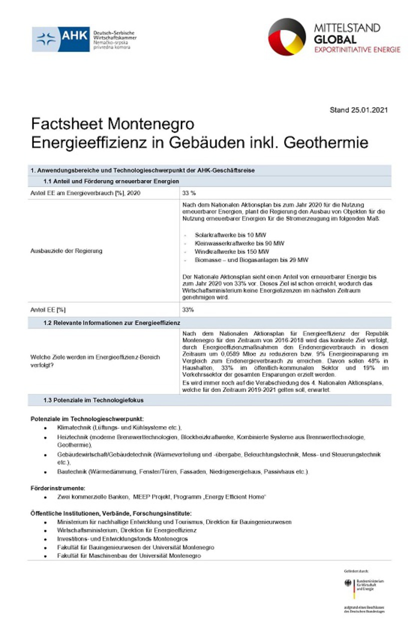  Technologie-Factsheet Montenegro: Energieeffizienz in Gebäuden inkl. Geothermie