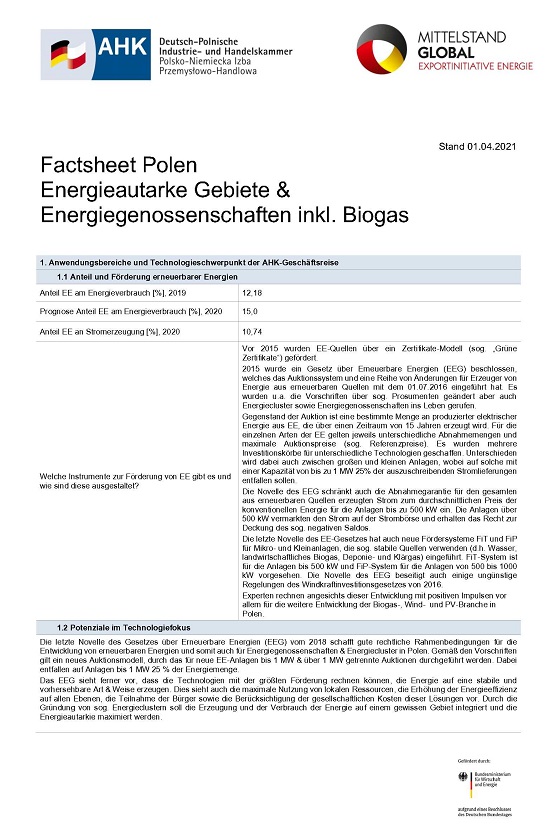  Technologie-Factsheet Polen: Energieautarke Gebiete & Energiegenossenschaften inkl. Biogas