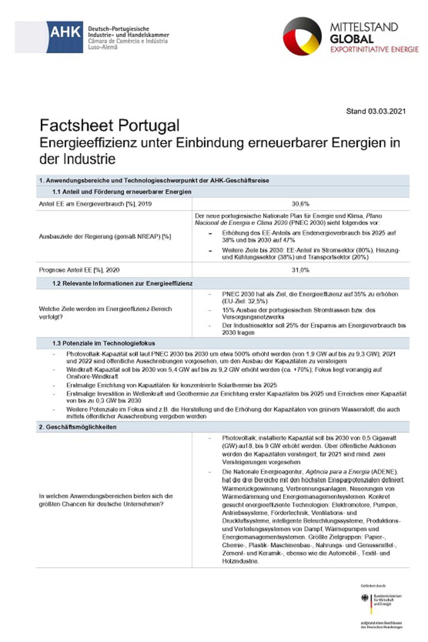  Factsheet Portugal: Energieeffizienz unter Einbindung erneuerbarer Energien in der Industrie