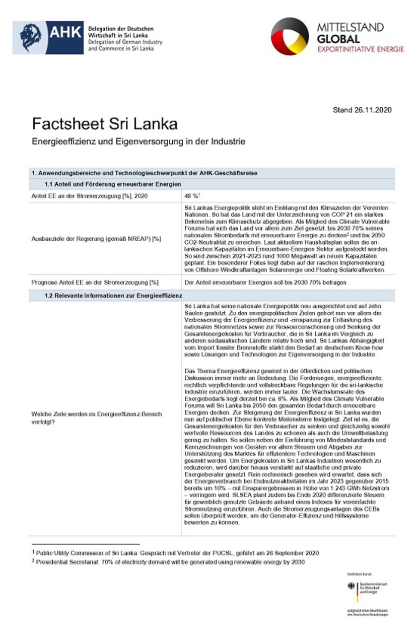  Factsheet Sri Lanka: Energieeffizienz und Eigenversorgung in der Industrie
