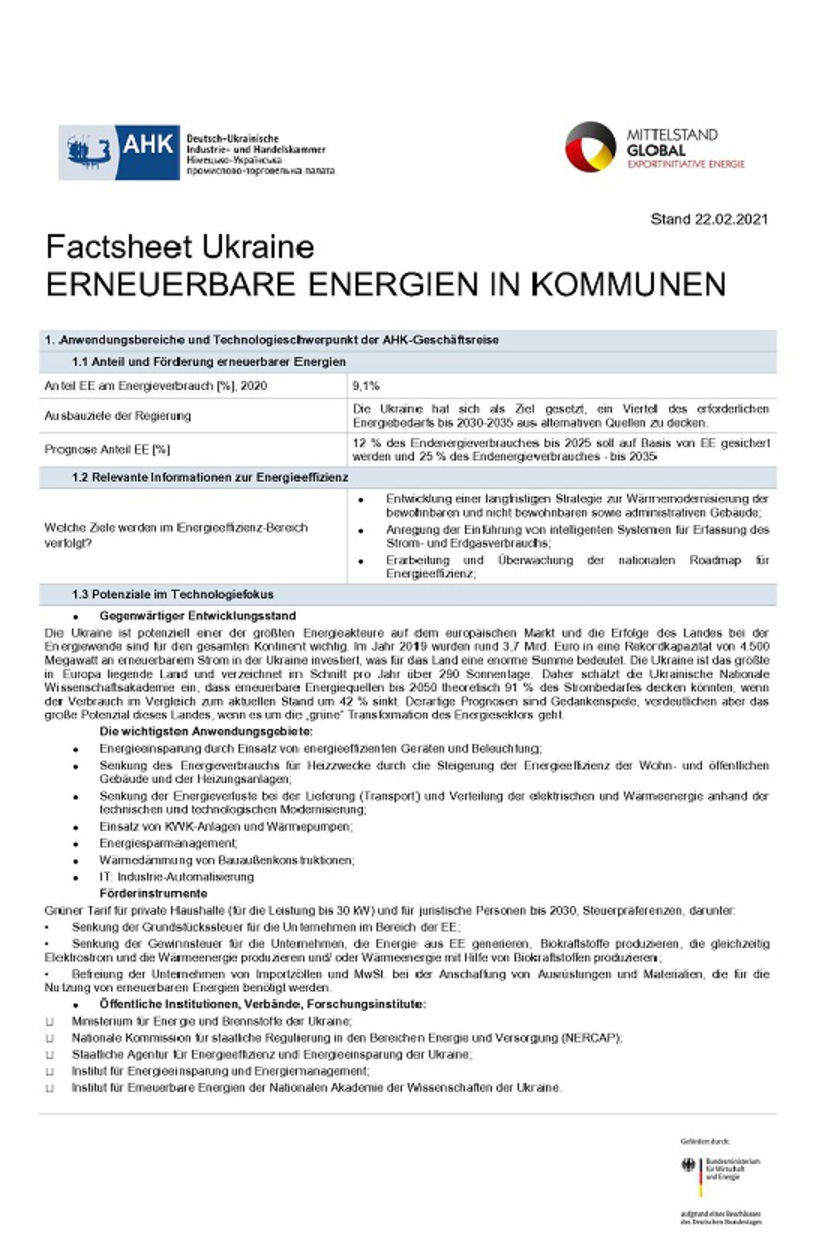 Technologie-Factsheet Ukraine: Erneuerbare Energien in Kommunen