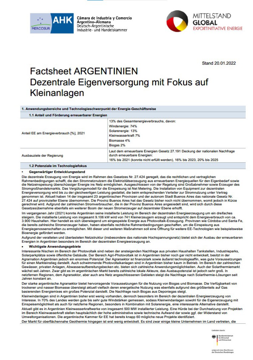Factsheet Argentinien: dezentrale Eigenversorgung mit Fokus auf Kleinanlagen
