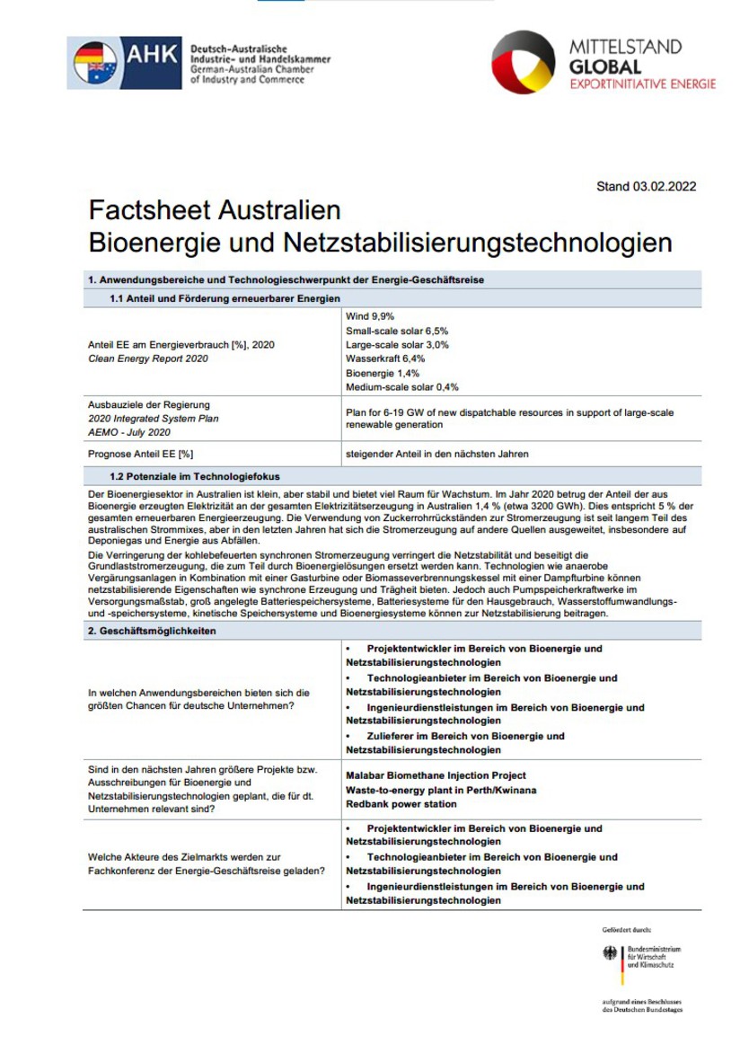 Factsheet Australien: Bioenergie und Netzstabilisierungstechnologien 