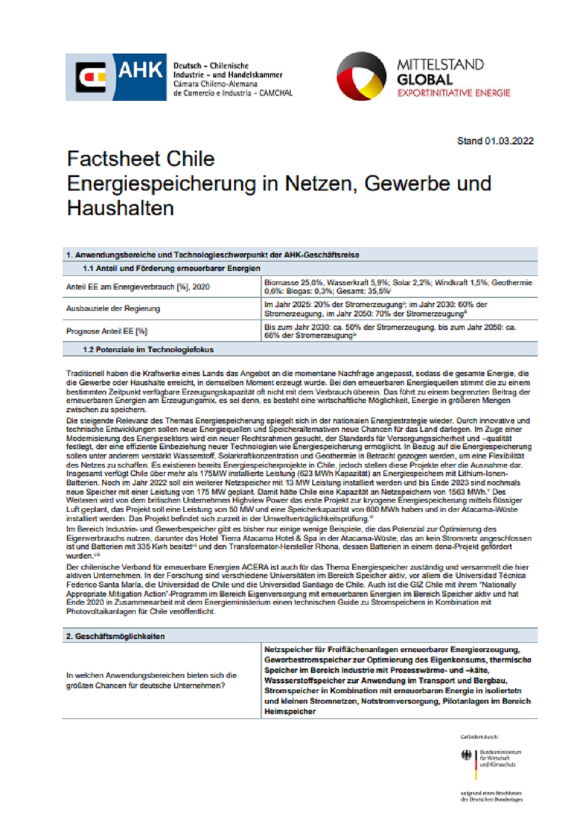 Factsheet: Energiespeicherung in Chile