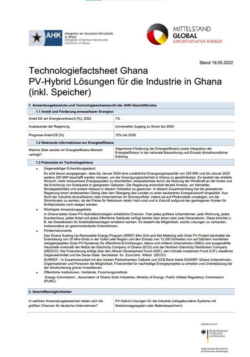 Factsheet Ghana: Erneuerbare Energieversorgungssysteme inkl. Speicher