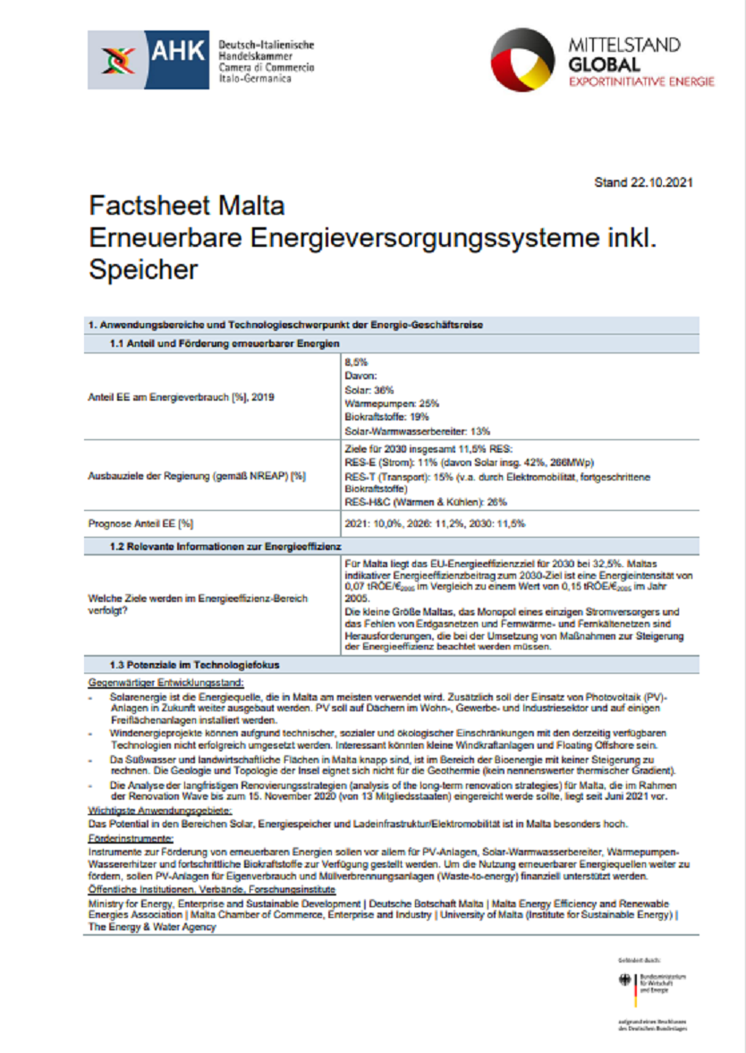 Factsheet Malta: Erneuerbare Energieversorgungssysteme inkl. Speicher