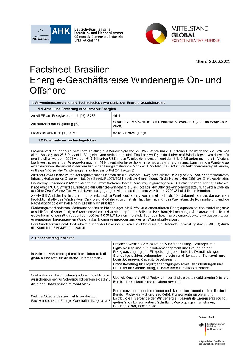Factsheet Brasilien: Windenergie On- und Offshore