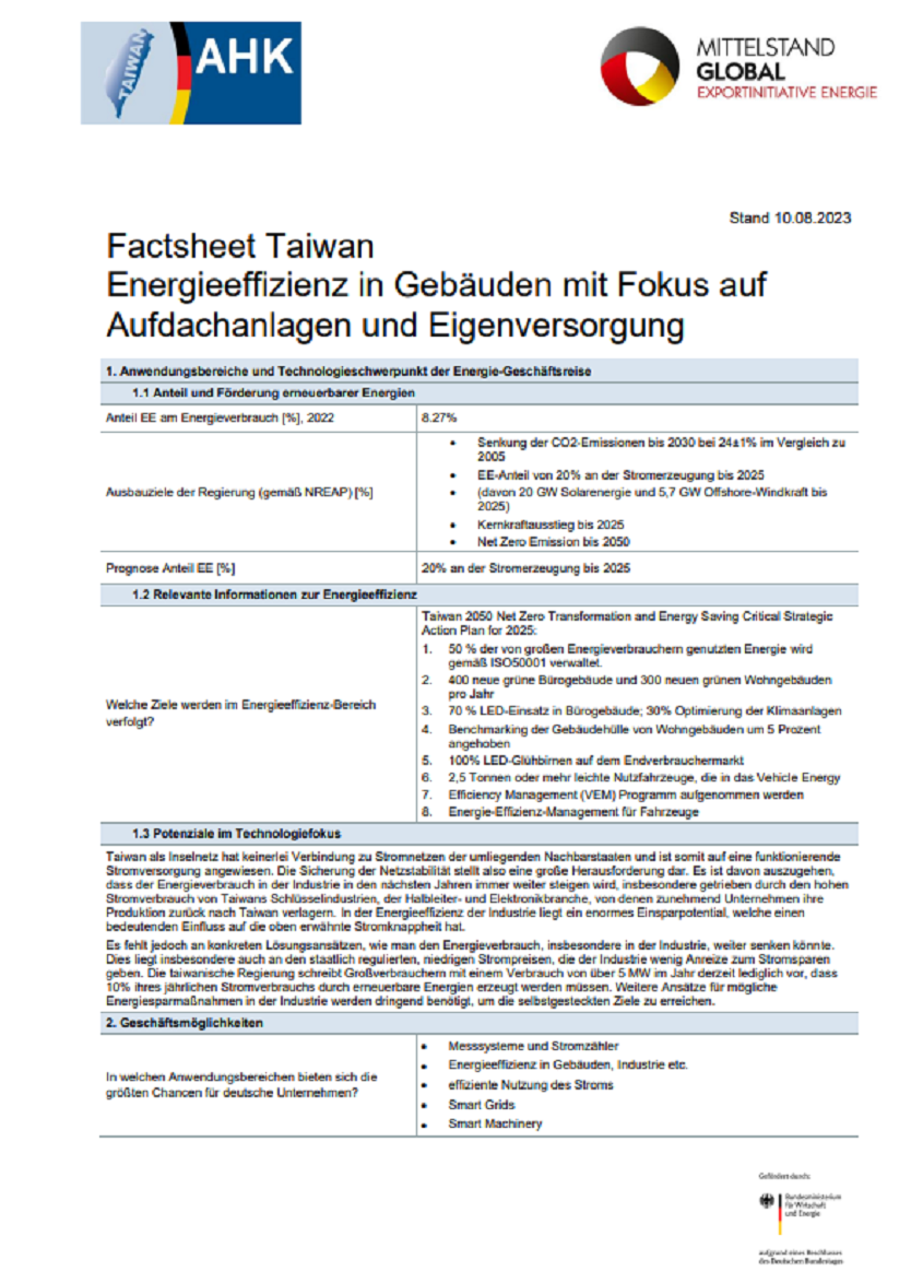 Factsheet Energieeffizienz in Gebäuden mit Fokus auf Aufdachanlagen und Eigenversorgung in Taiwan