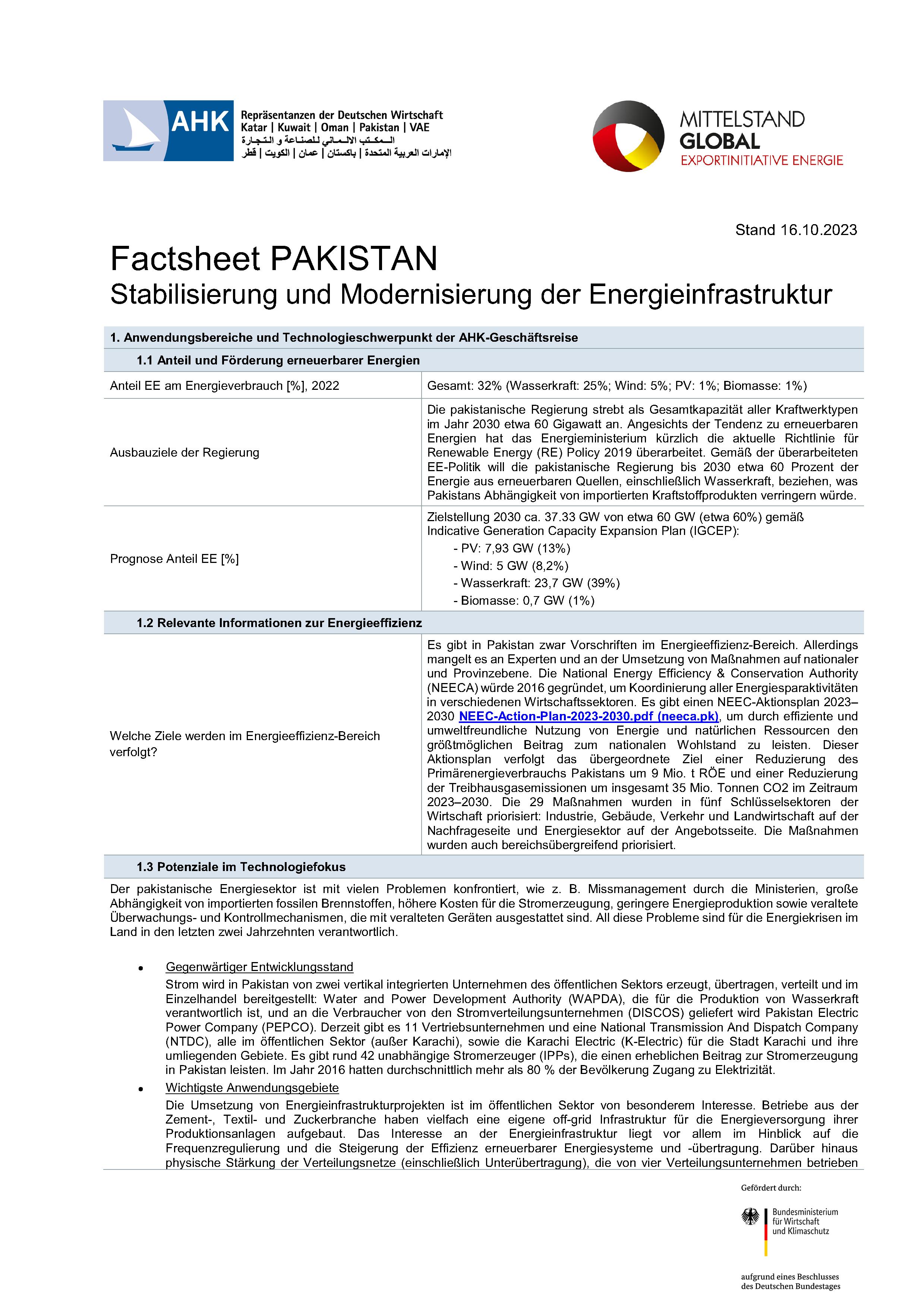 Factsheet Pakistan: Stabilisierung und Modernisierung der Energieinfrastruktur
