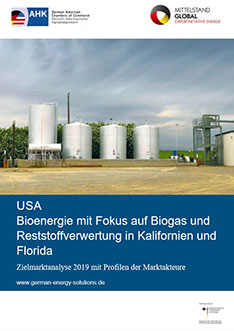 Deckblatt der AHK-Zielmarktanalyse "USA: Bioenergie mit Fokus auf Biogas und Reststoffverwertung in Kalifornien und Florida"