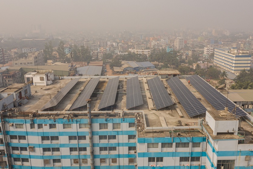 Aerial shot of solar panels on Knit Concern Limited rooftop, Bangladesh